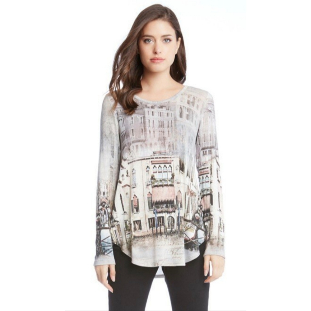Karen Kane Cityscape Long Sleeve Top - Gray and Cream